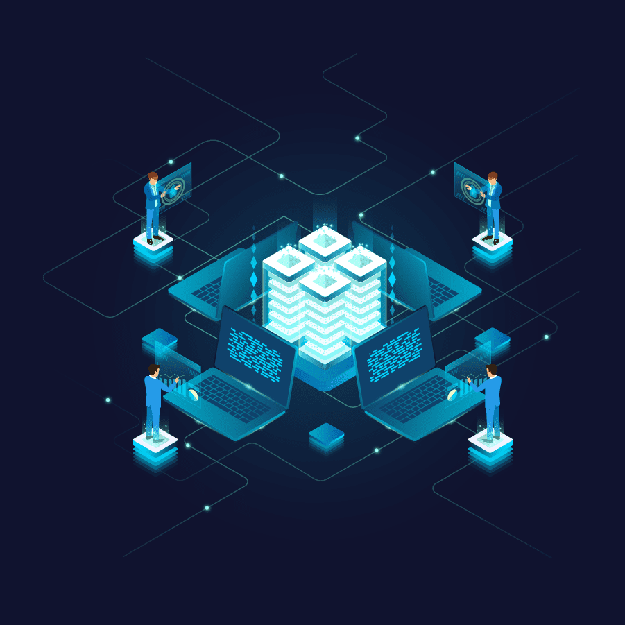 Animated graphic of people at computers working around a big server