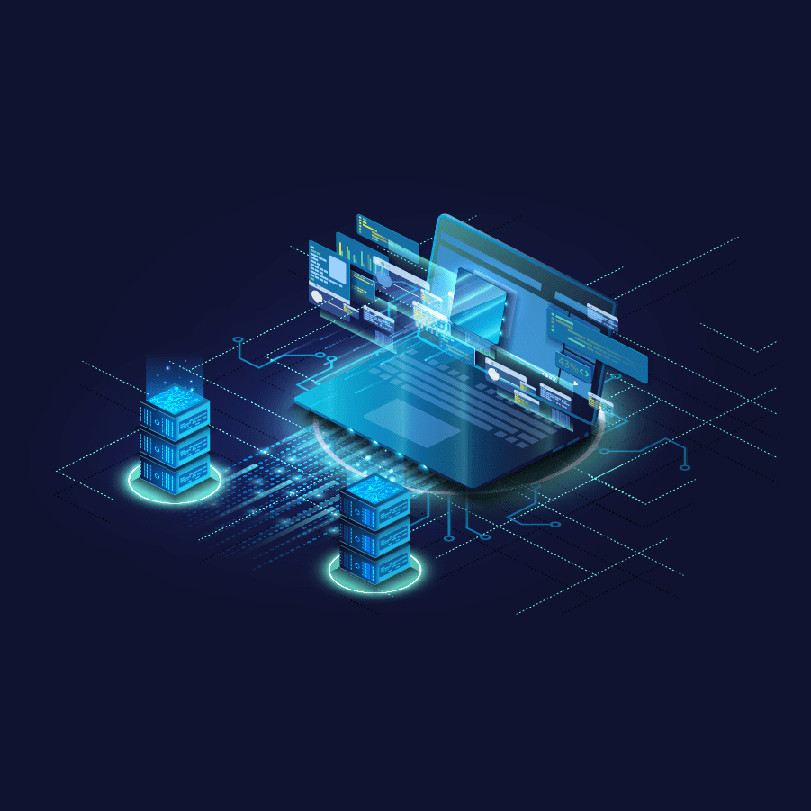 animated graphic of server towers and laptop