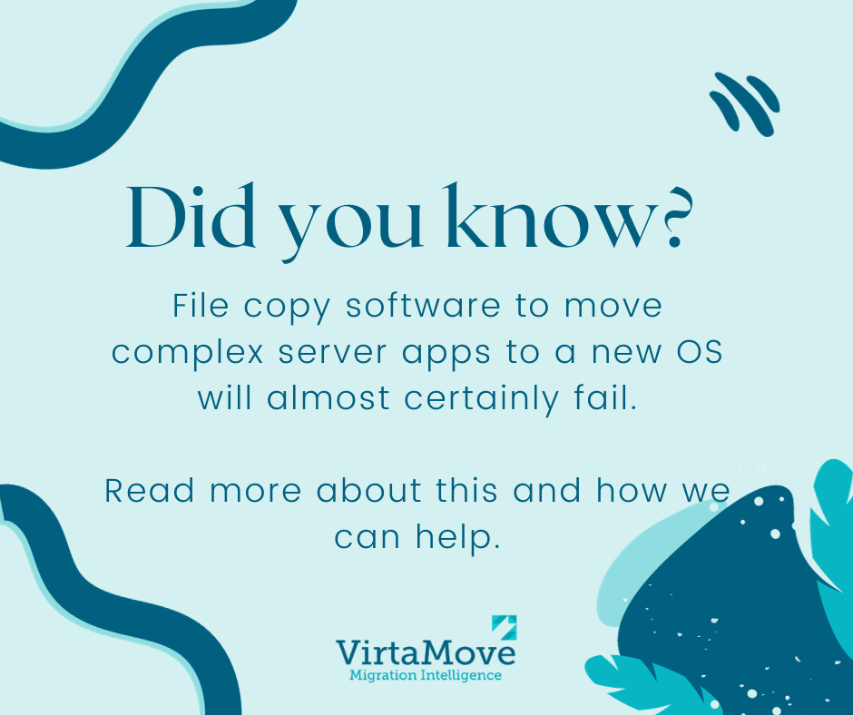Why does whole server file copy software fail to move complex applications to a new OS?